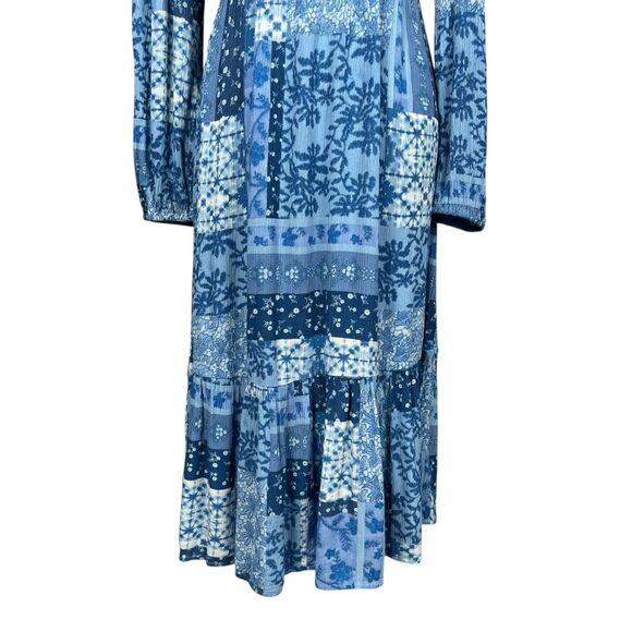 Frye Women's Midi Dress Medium Blue Patchwork Tassel Tie V-Neck Long Sleeve Boho - Picture 4 of 12